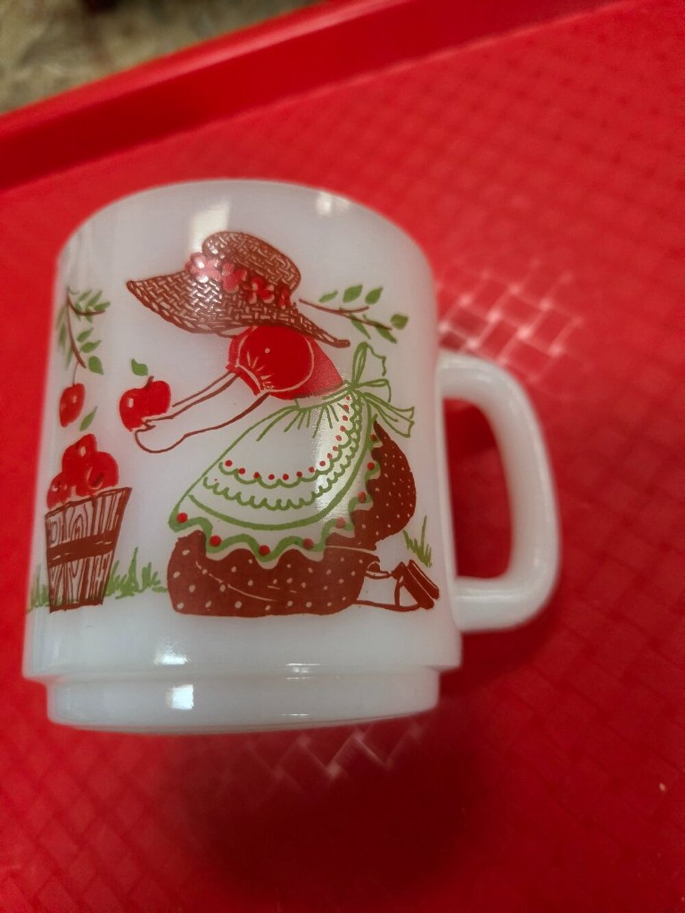 glassbake sunbonnet sue  girl picking apples and quote 1977